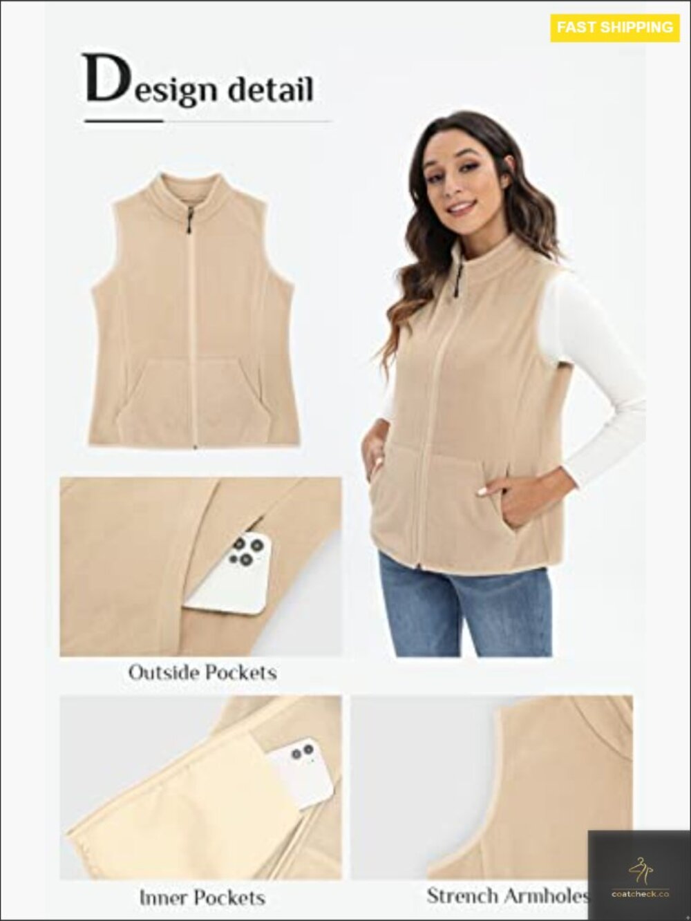 Fleece Vest with 6 Pockets Lightweight Classic Zip Up Sleeveless Women's - Picture 5 of 7